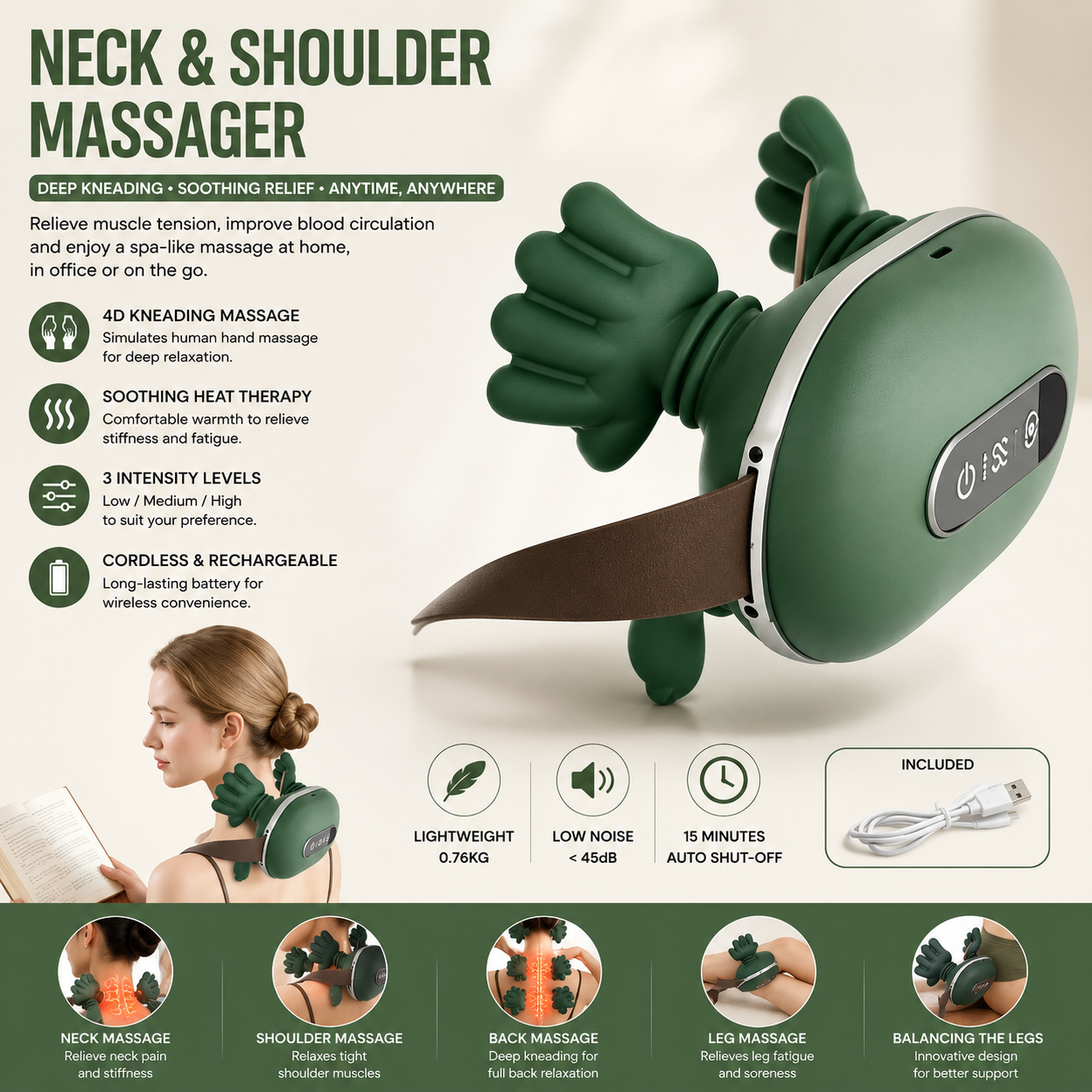 Electric Neck and Shoulder Massager - Wireless 4D Kneading Massage Shawl with Heat