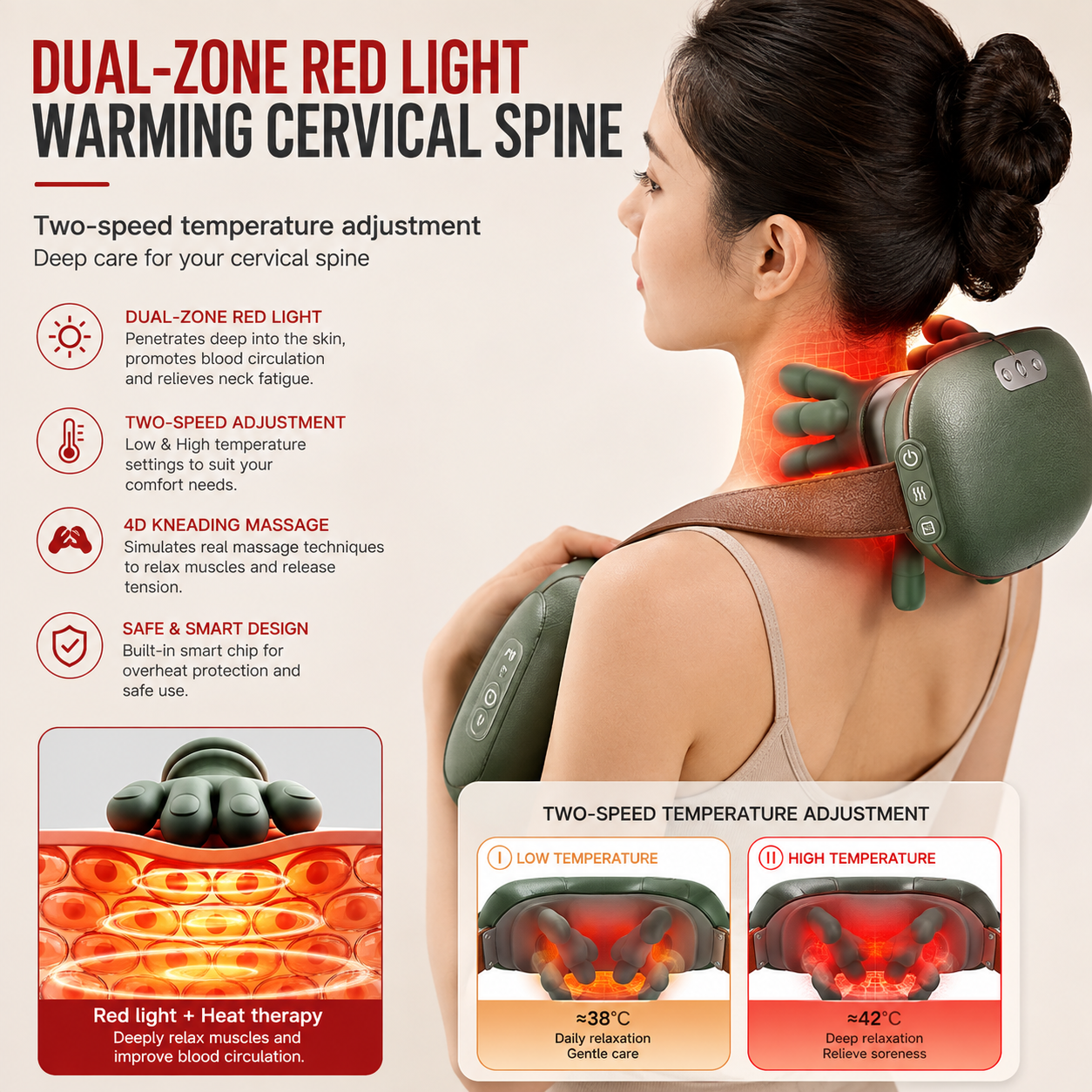 Electric Neck and Shoulder Massager - Wireless 4D Kneading Massage Shawl with Heat