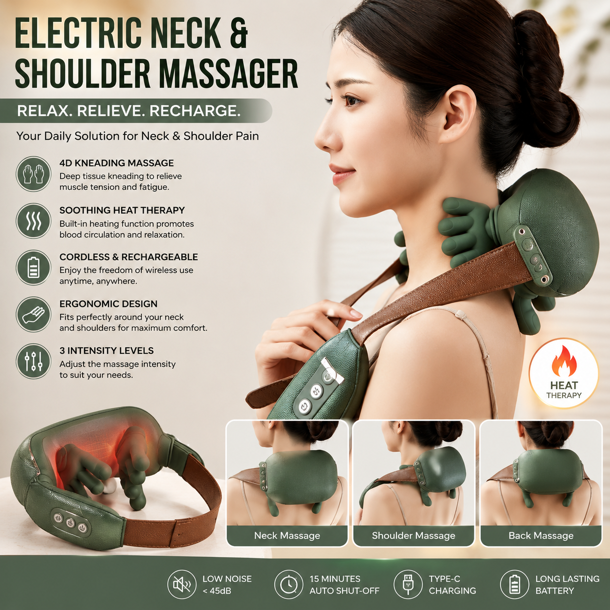 Electric Neck and Shoulder Massager - Wireless 4D Kneading Massage Shawl with Heat