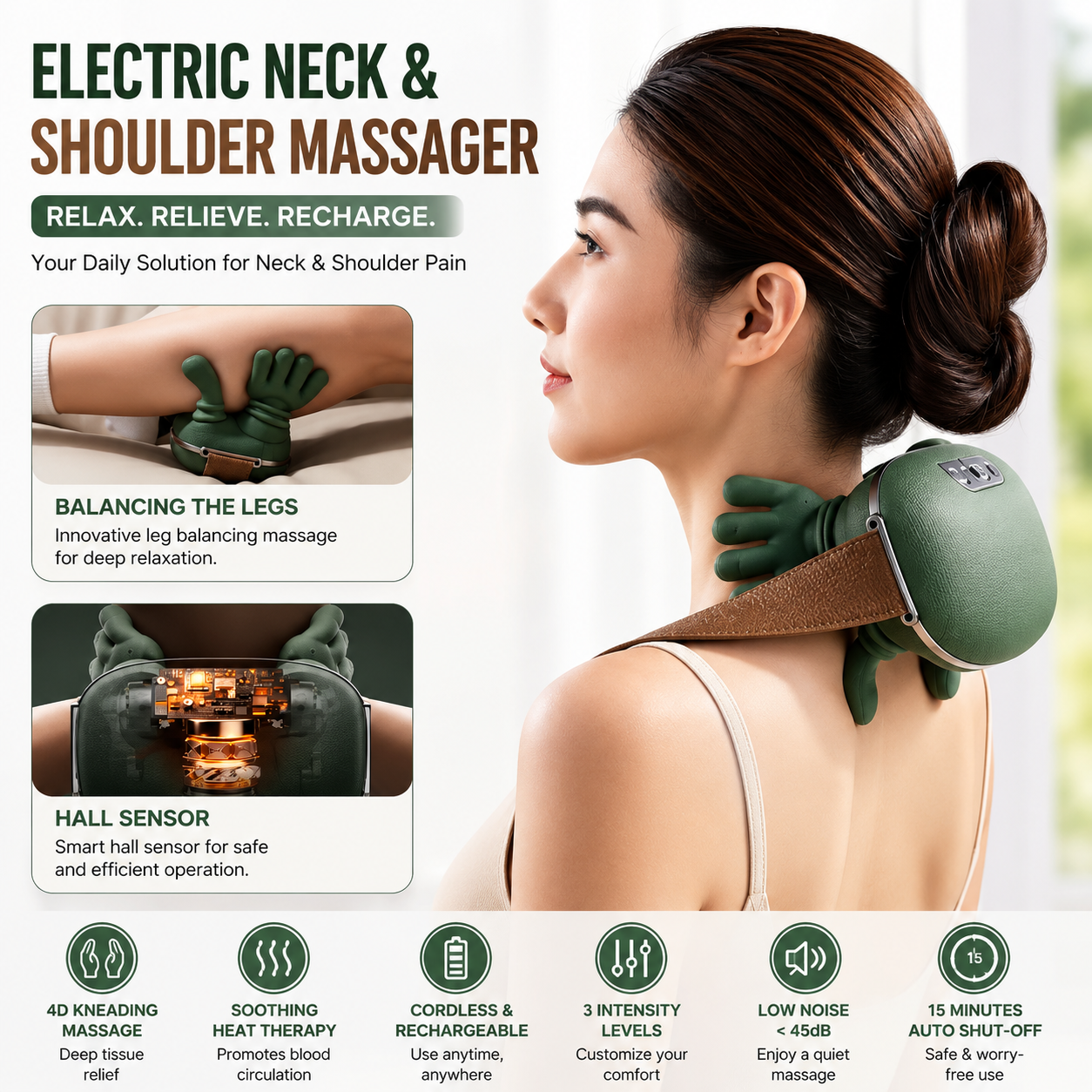 Electric Neck and Shoulder Massager - Wireless 4D Kneading Massage Shawl with Heat