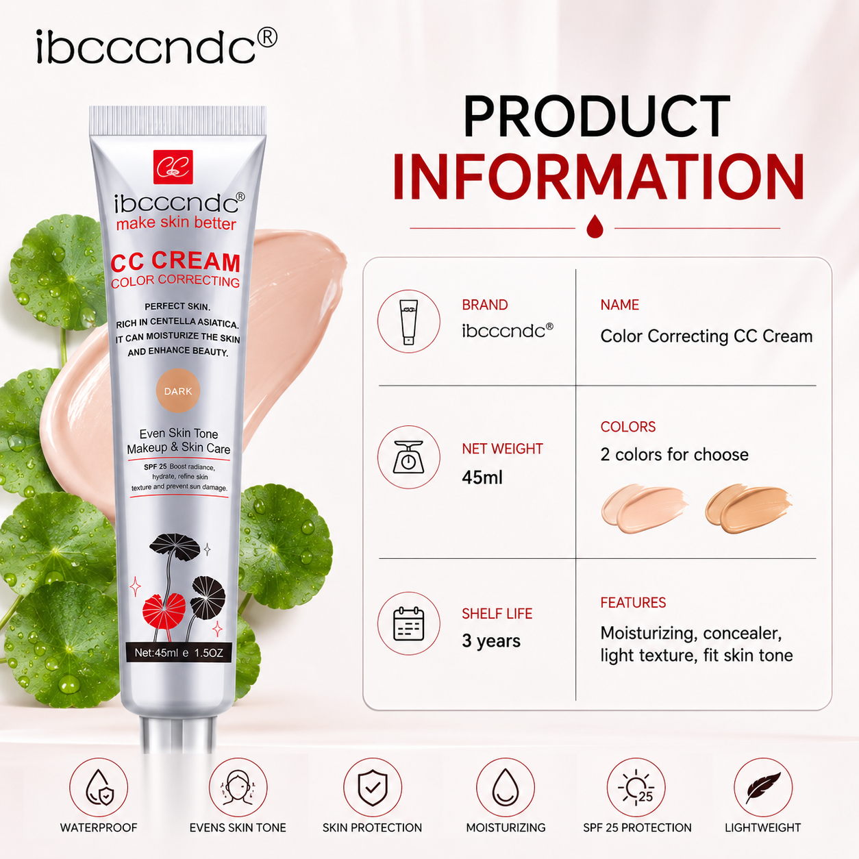 Centella Asiatica CC Cream - Waterproof Color Correcting Makeup with Skin Protection