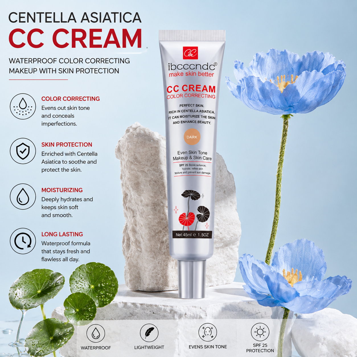 Centella Asiatica CC Cream - Waterproof Color Correcting Makeup with Skin Protection