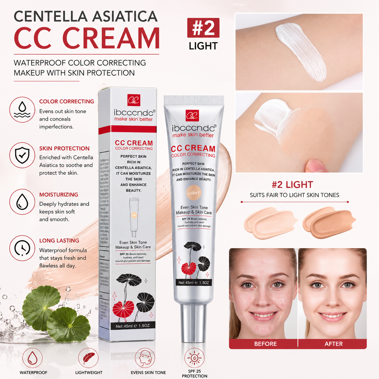 Centella Asiatica CC Cream - Waterproof Color Correcting Makeup with Skin Protection