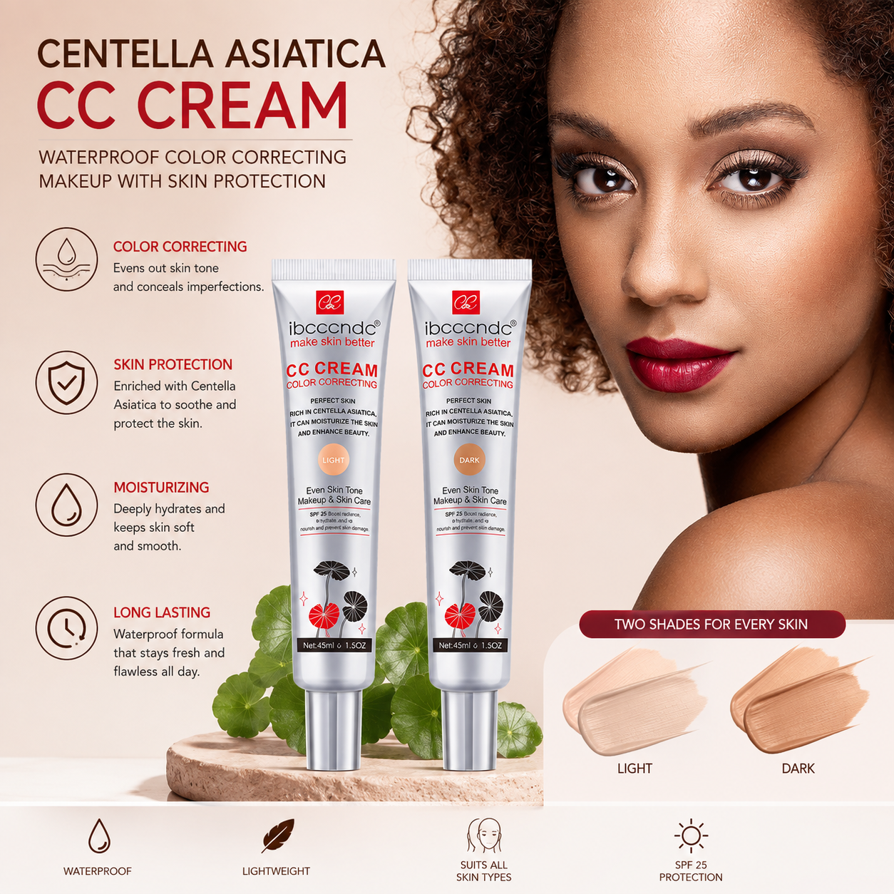 Centella Asiatica CC Cream - Waterproof Color Correcting Makeup with Skin Protection